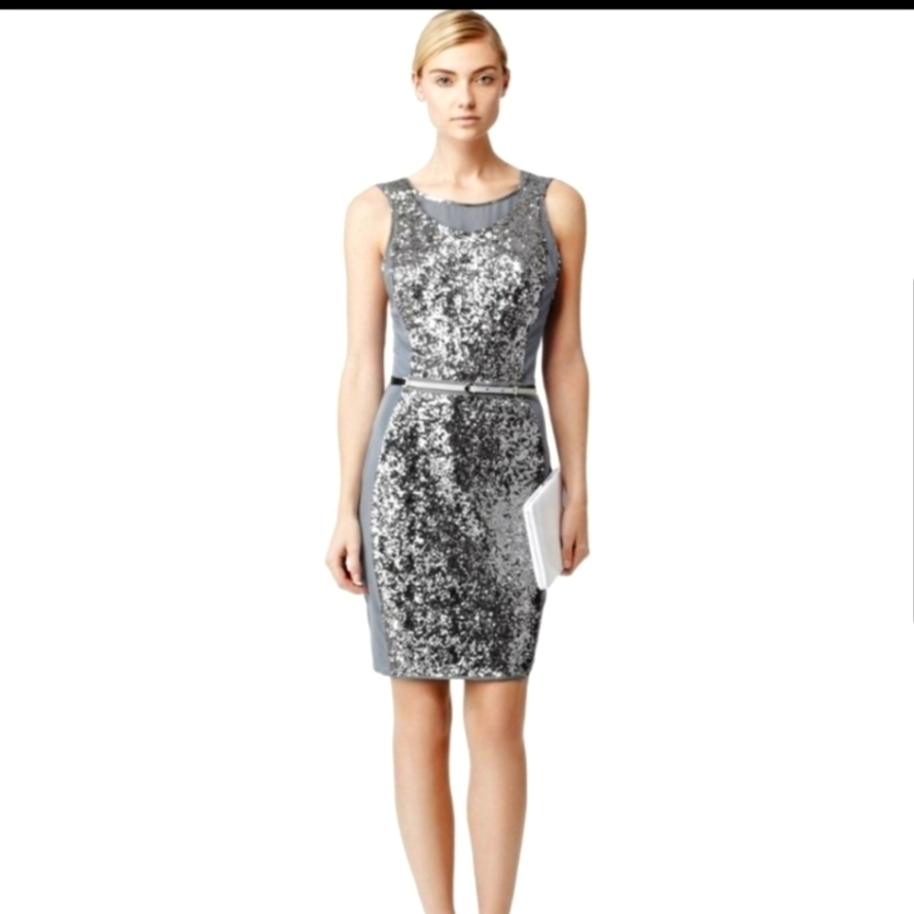 Reiss Silver Sequin Sheath Dress